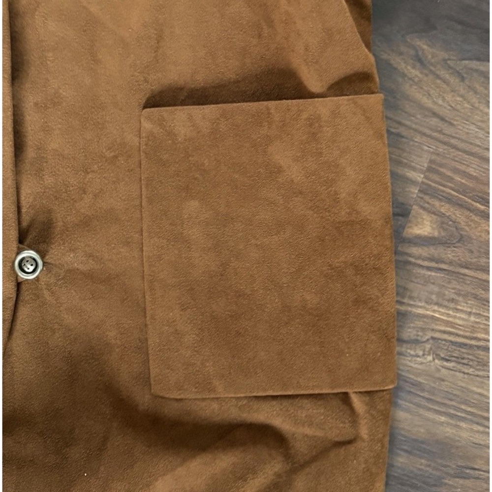 VTG 70s Suede Leather Mod Trench Coat Womens 2X-3X Brown Minimalist Patch Pocket - Picture 4 of 9